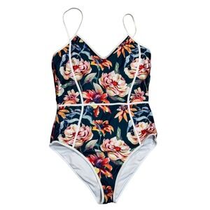 Cupshe Ariel One Piece Swimsuit Women XL Navy Floral Excellent V-Neck Piping